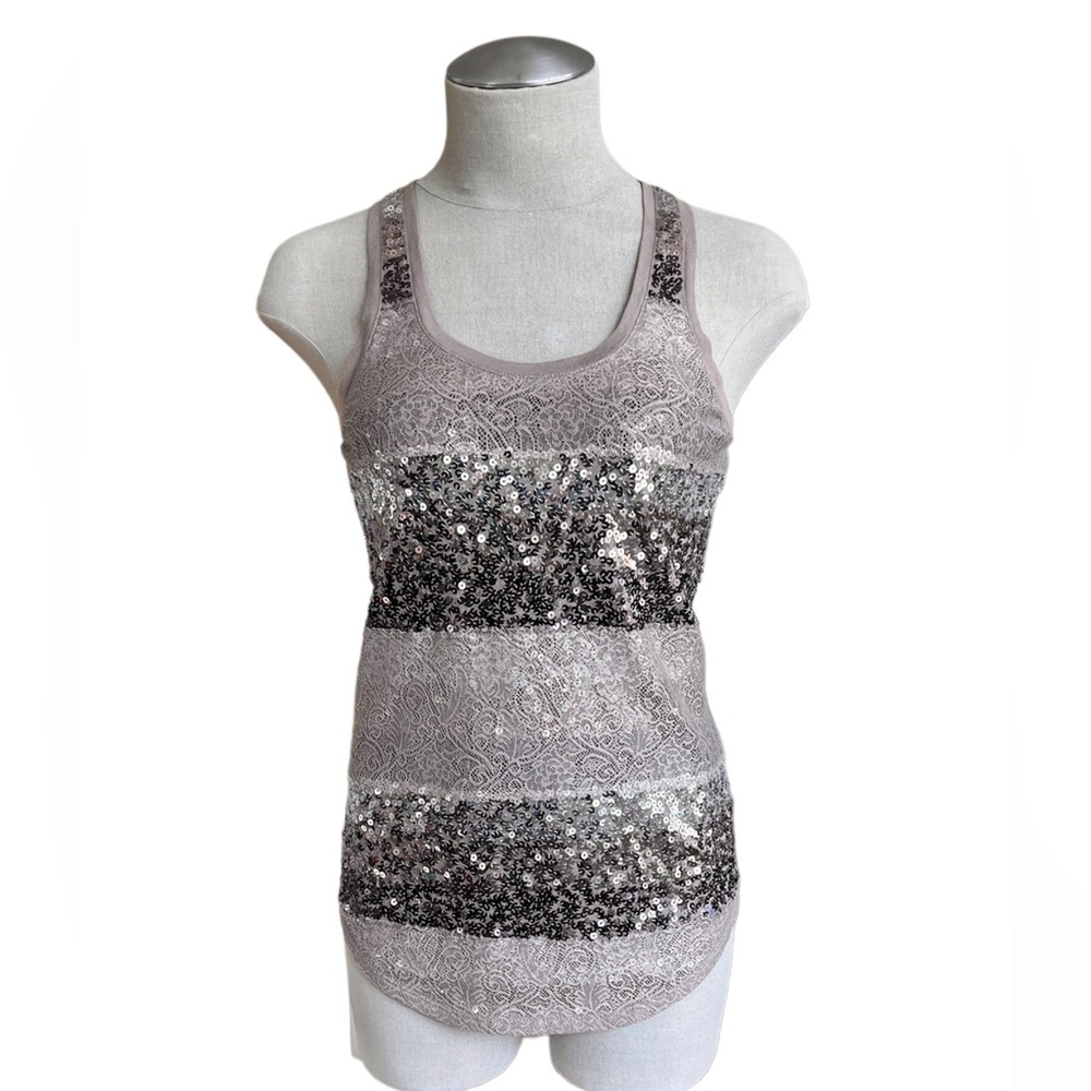 Express Beige/Gunmetal/Silver Sequin & Lace Racerback Tank Top Size XS